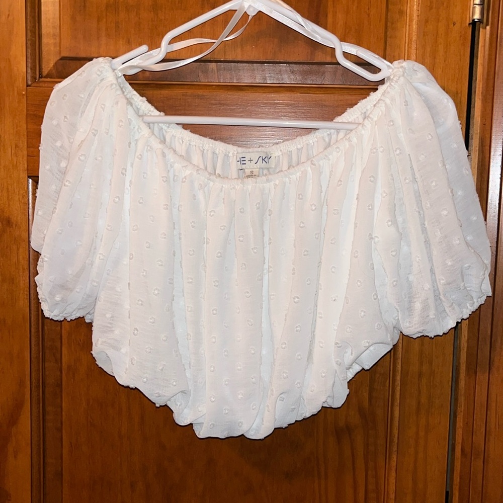 White “dot” crop top. Off shoulder, sheer sleeve